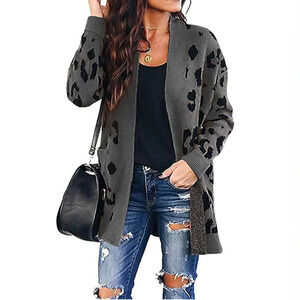 Qearal Leopard Print Long Open Front Cardigan Knit Sweater Coat Gray Black M
